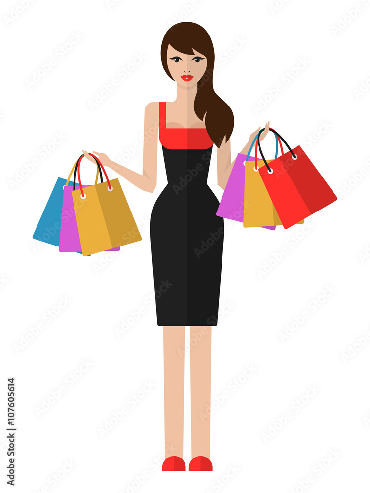 Vector flat illustration of a beautiful young woman with shopping bags. Shopping woman isolated on white background. Vector flat illustration of a beautiful young woman with shopping bags. Shopping woman isolated on white background.