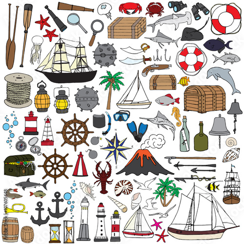 Hand-painted miniatures symbolizing seafaring. Fish, boats, nautical accessories and more.