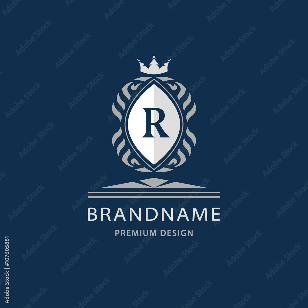 Luxury King place, boutique brand, real estate, property, royalty, crown logo, crest logo. Elegant line art design, graceful template. Letter emblem R. Vector illustration Luxury King place, boutique brand, real estate, property, royalty, crown logo, crest logo. Elegant line art design, graceful template. Letter emblem R. Vector illustration