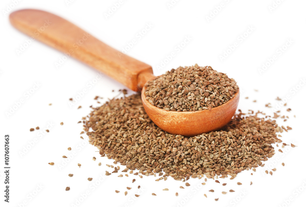 Ajwain seeds in a wooden spoon Ajwain seeds in a wooden spoon