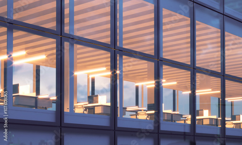 Closeup photo of skyscraper tower.High floor office, interior in evening time. Panoramic windows facade background, contemporary business center. Empty meeting room.Horizontal,flares. 3d rendering
