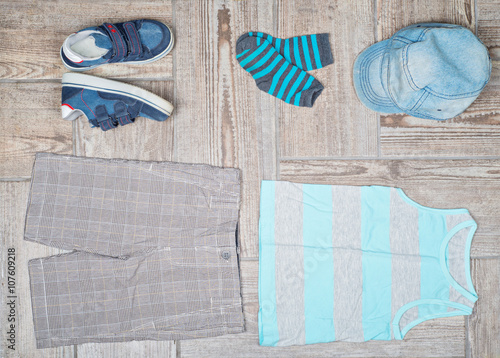 Flat lay photography of boy's casual outfit. 