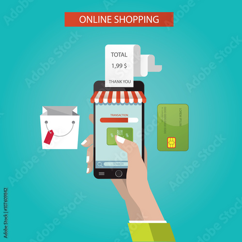 Modern vector illustration of online shopping, hand with phone