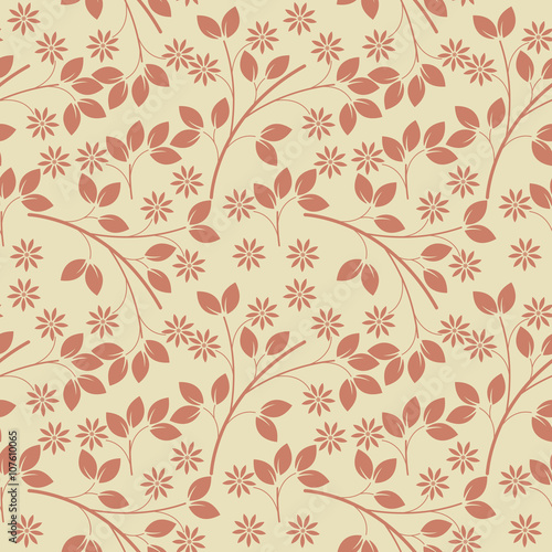 Decorative seamless pattern with red flowers and leaves