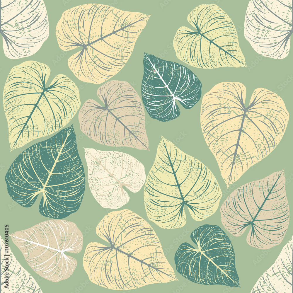 Endless pattern with stylish leaves on green background