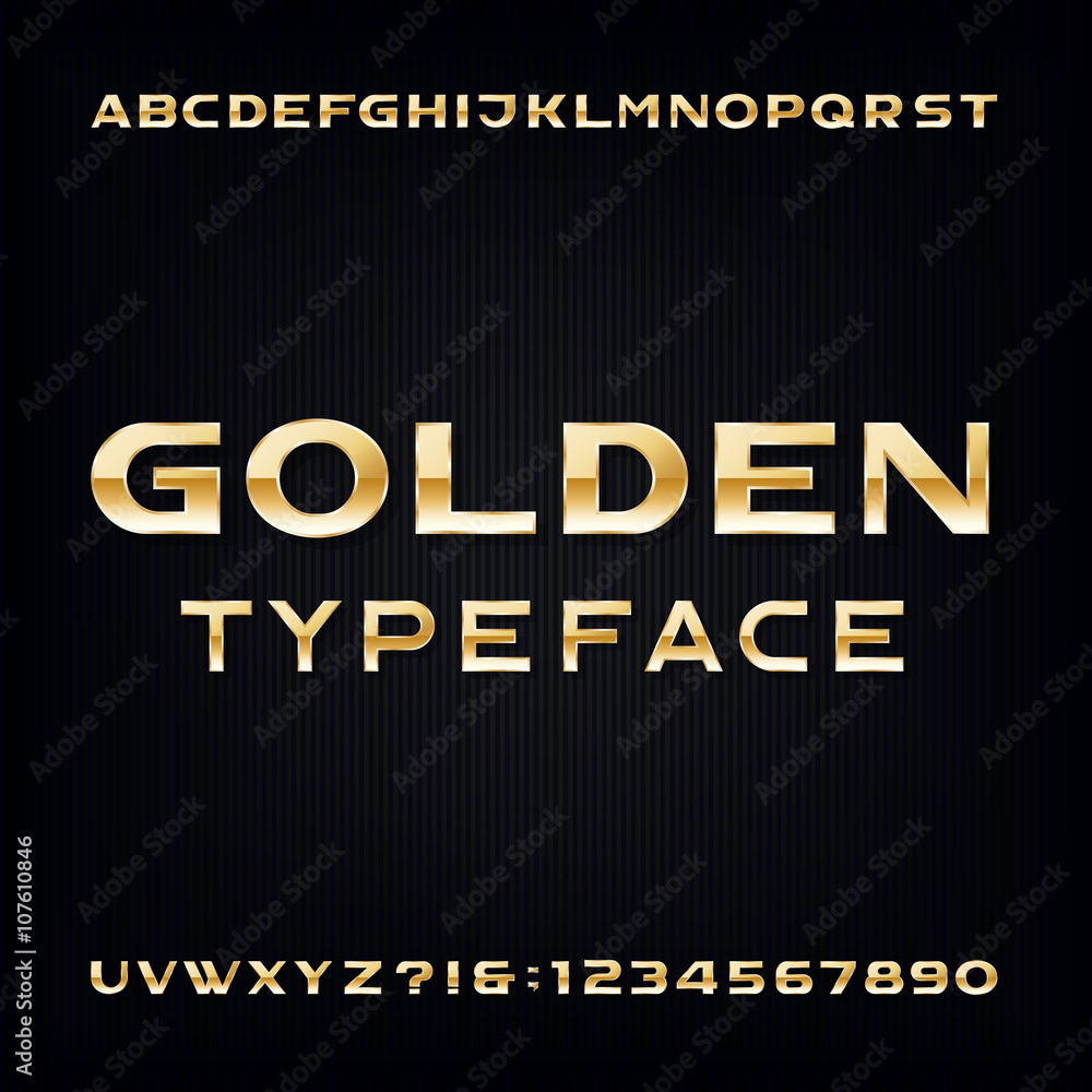 Golden Alphabet Vector Font. Modern metallic bold letters and numbers on the dark background. Stock vector typeface for your design.