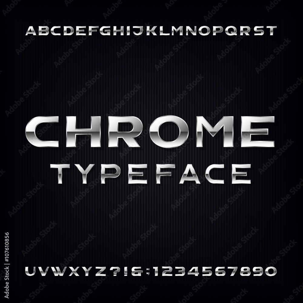Chrome Alphabet Vector Font. Modern metallic bold letters and numbers on the dark background. Stock vector typeface for your design.
