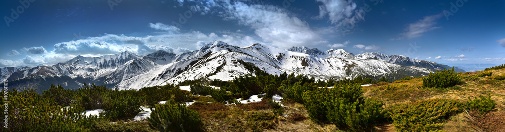 Panoramic view of the snow-covered western Tatra mountain