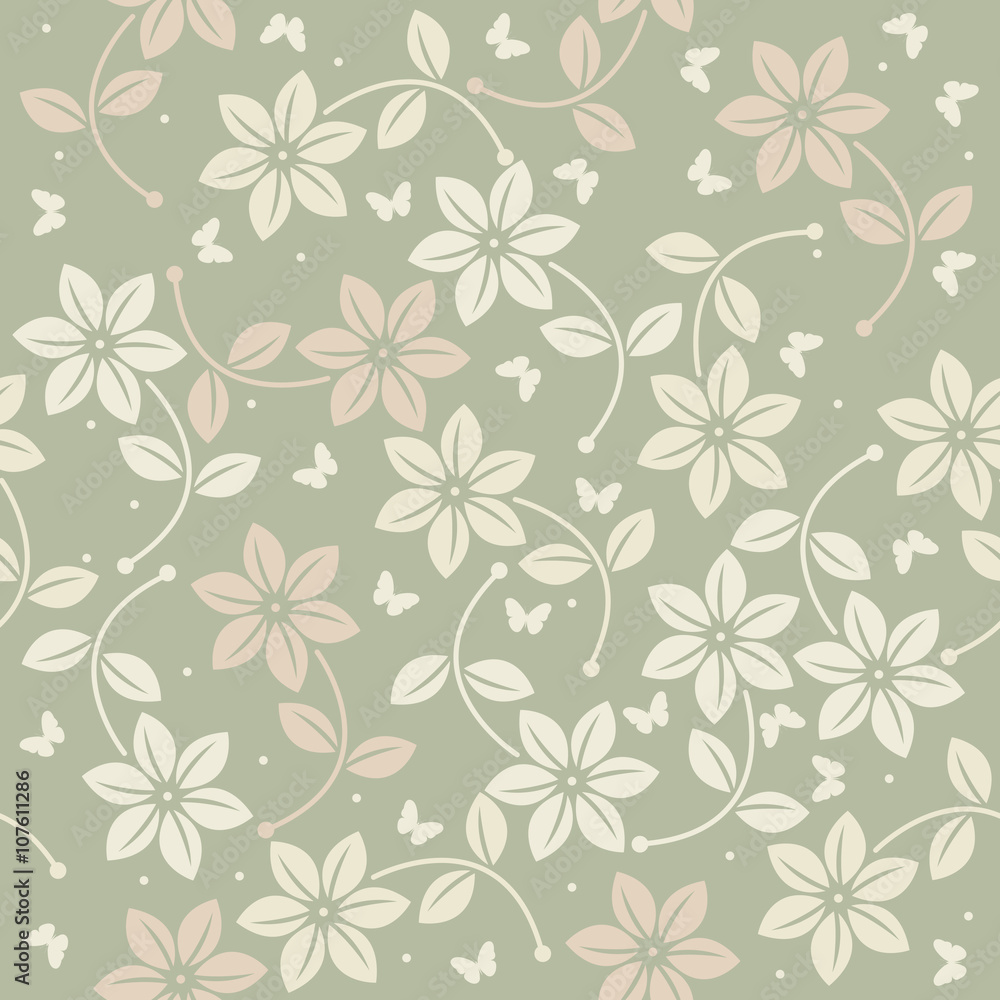 Fototapeta premium Spring seamless pattern with flowers and butterflies on green ba