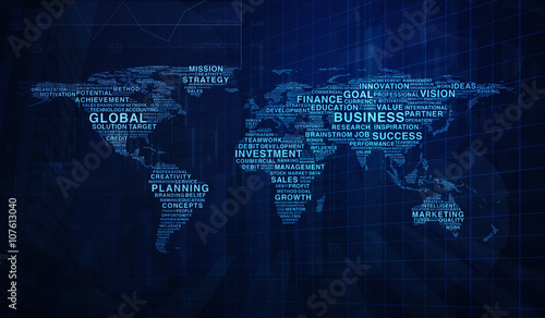 Business words world map shape on graph and city tower backgroun