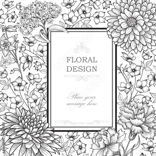Floral background. Flower bouquet vintage cover. Flourish greeting card 