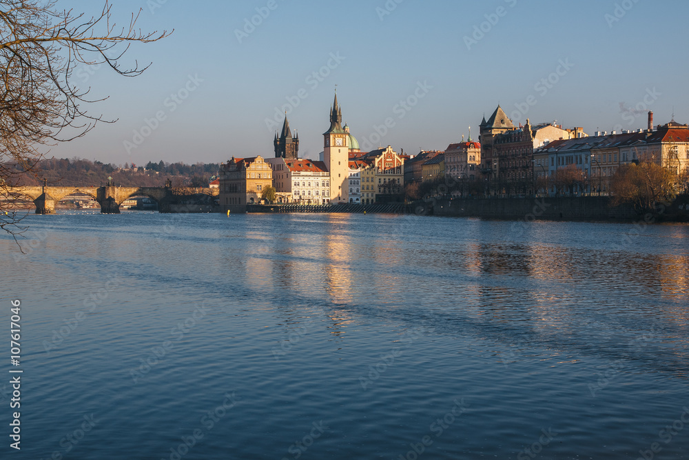 Old Town reflected in the River Vltava shot from Strelecky Ostrov Island Prague at sunrise