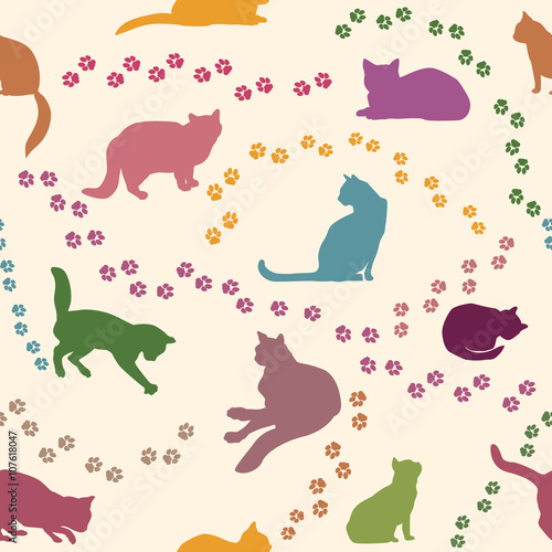 Cat seamless pattern. Cute cartoon kitties Pets vector background.