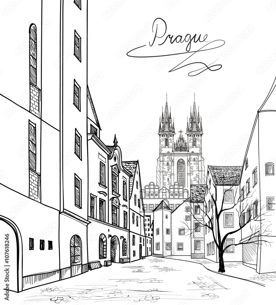 Pedestrian street in the old european city with tower in the background. Old Town of Prague, Czech Republic. Historic city street. Travel Prague background. Pedestrian street in the old european city with tower in the background. Old Town of Prague, Czech Republic. Historic city street. Travel Prague background.