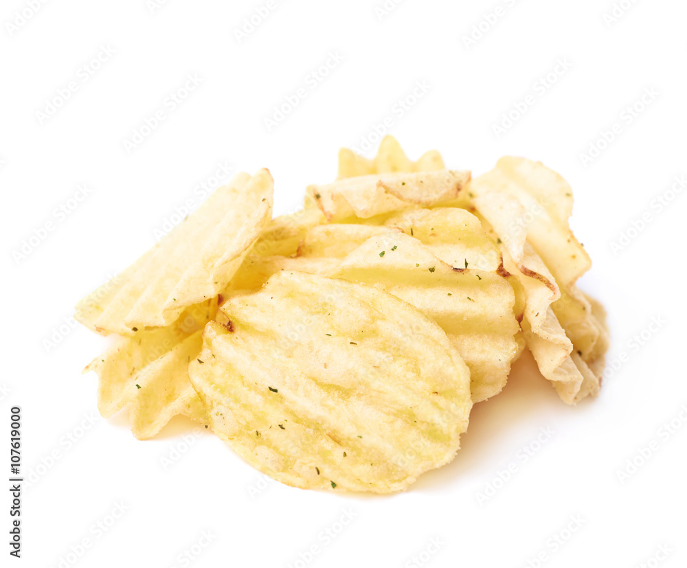 Pile of multiple potato chips isolated