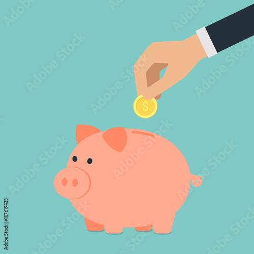 Vector saving money concept,hand put coin into piggy bank