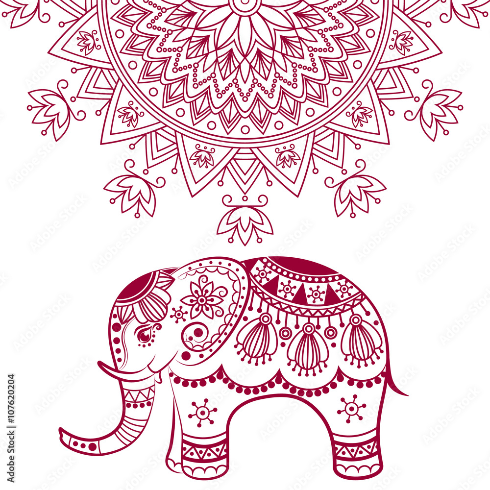 Obraz premium Abstract Indian elephant with mandala. Carved elephant. Stylized fantasy patterned elephant. Hand drawn vector illustration with traditional oriental floral elements.