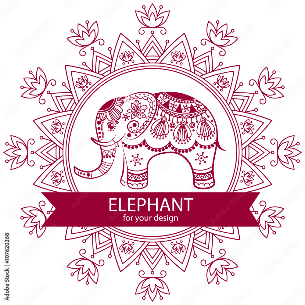 Abstract Indian elephant with mandala. Carved elephant. Stylized