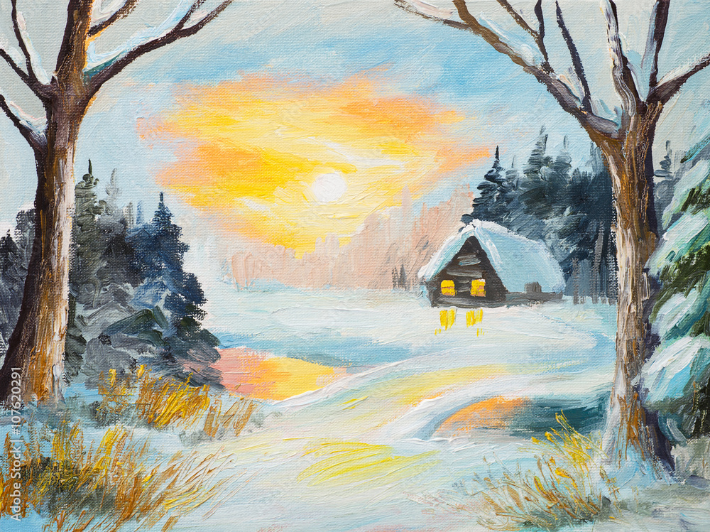 Obraz premium oil painting winter landscape, frozen river in the forest