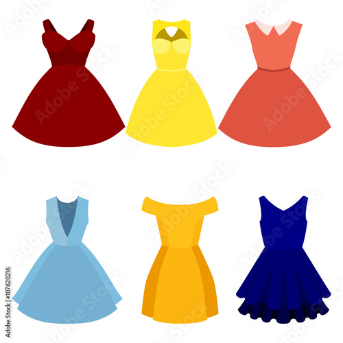 Set of six trendy women's dresses. Vector illustration