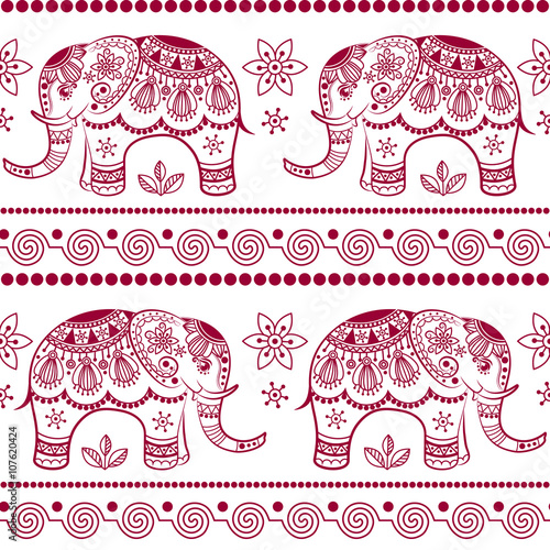 Seamless pattern with decorated elephants. Ethnic elephant. Texture with stylized patterned elephants in Indian style. Vector endless background