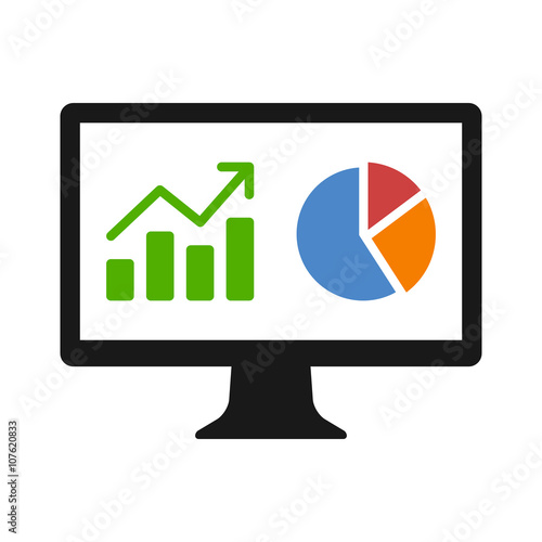 Financial analytic chart graphs on computer monitor flat icon