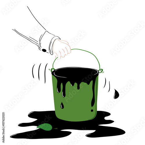 green bucket with oil does not improve ecology/a bucket of oil in the man's hand and a small green leaf