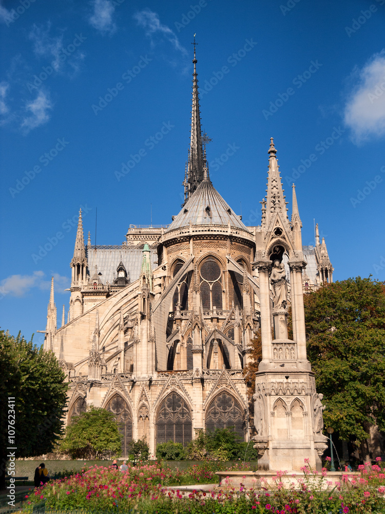Notre Dame from Square du Jean XXIII, Paris. Full length, vertical shot Notre Dame from Square du Jean XXIII, Paris. Full length, vertical shot