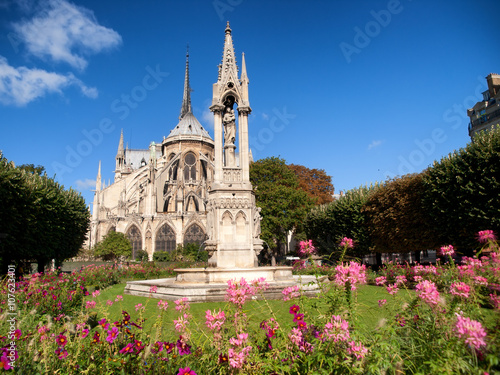 Notre Dame from Square du Jean XXIII, Paris. Wide angle horizontal shot with flowers on foreground