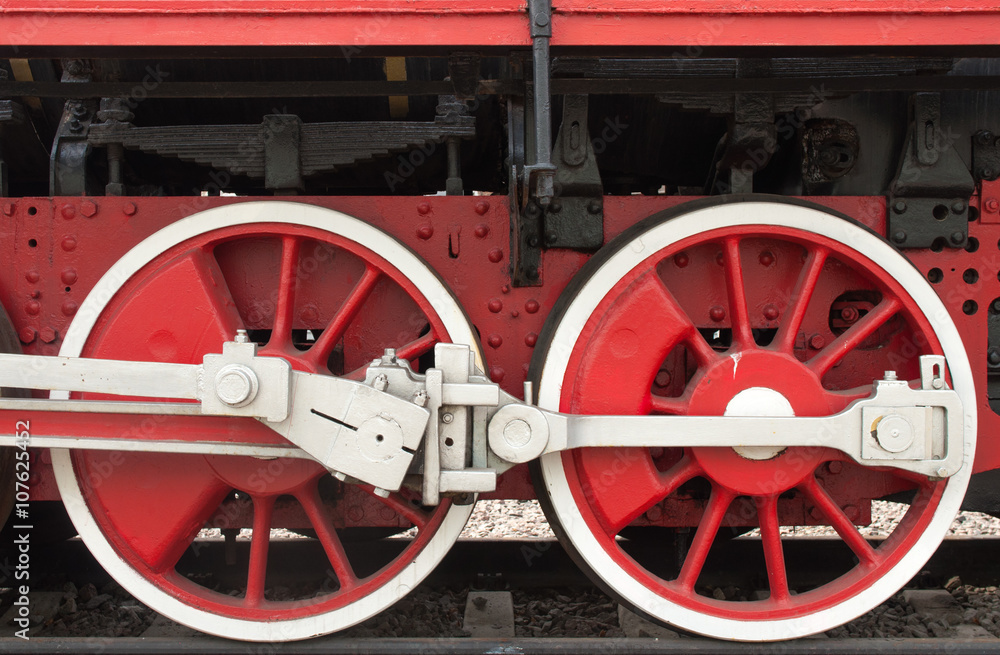 two red wheels of a steam locomotive