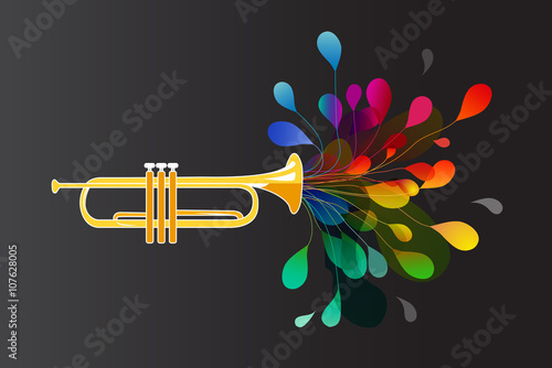 Gold trumpet with abstract colorful flowers on dark background.
