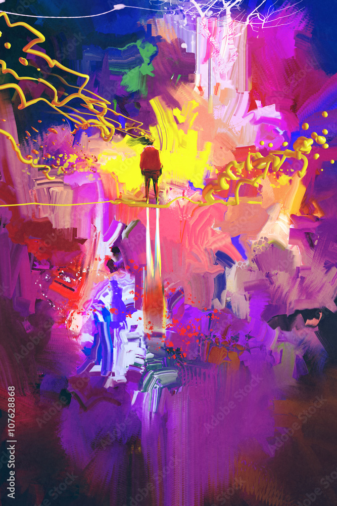 Fototapeta premium man standing in abstract colorful place,illustration painting