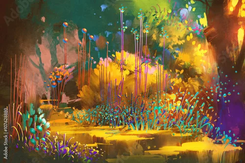 Fototapeta samoprzylepna las fantasy z kolorowymi roślinami i kwiatami, malarstwo ilustracyjne