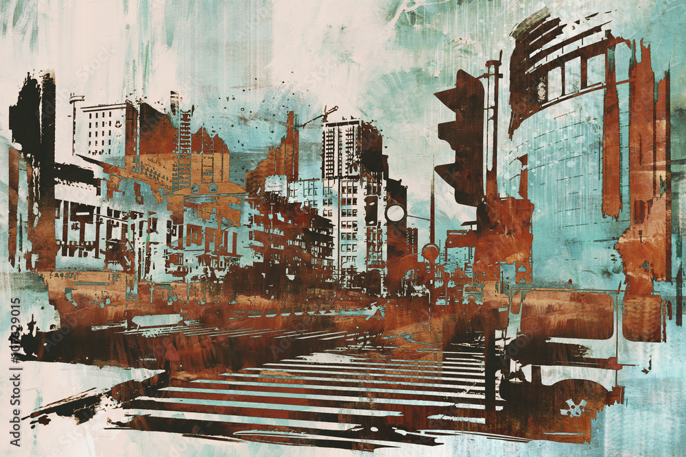Fototapeta miejski pejzaż z abstrakcyjnym grunge, malarstwo ilustracja