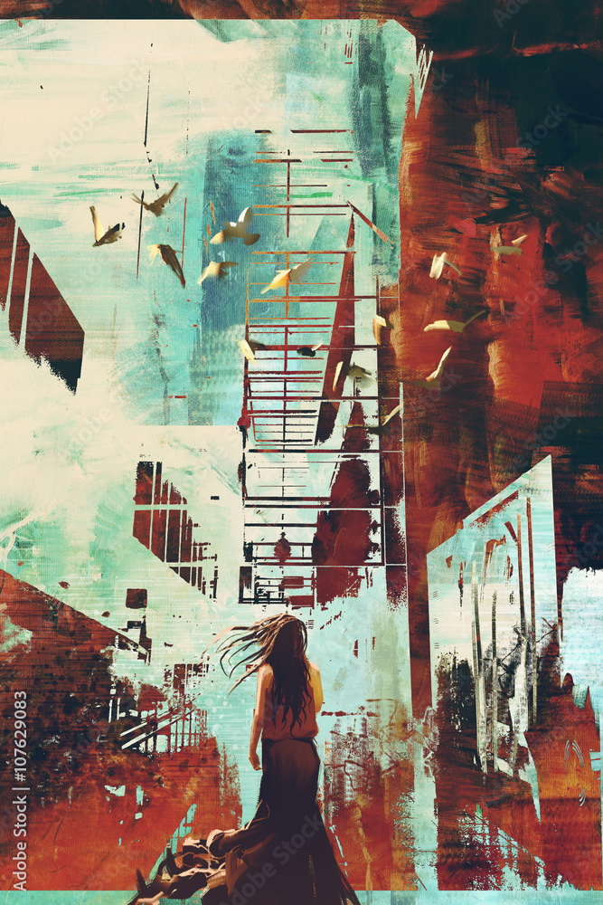 Naklejka premium woman standing against abstract achitecture with grunge texture,illustration art.
