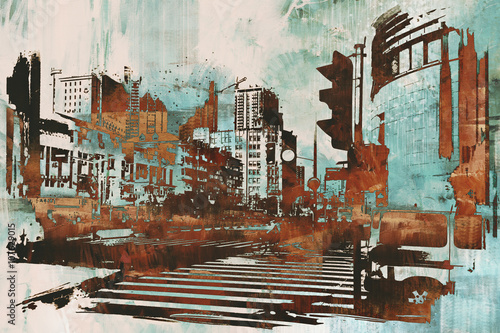 miejski pejzaż z abstrakcyjnym grunge, malowanie ilustracji