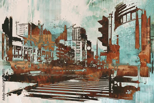 Obraz miejski pejzaż miejski z abstrakcjonistycznym grunge, ilustracyjny obraz