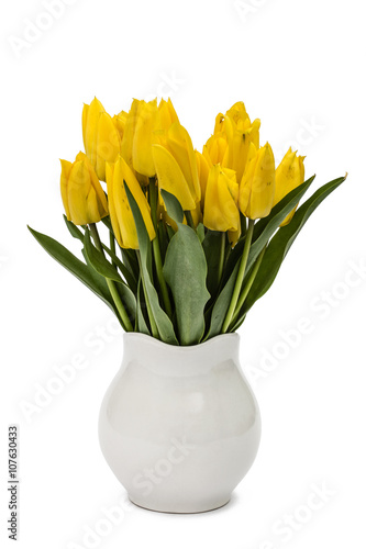 Fototapeta Naklejka Na Ścianę i Meble -  Bouquet from yellow tulips in vase, isolated on white background
