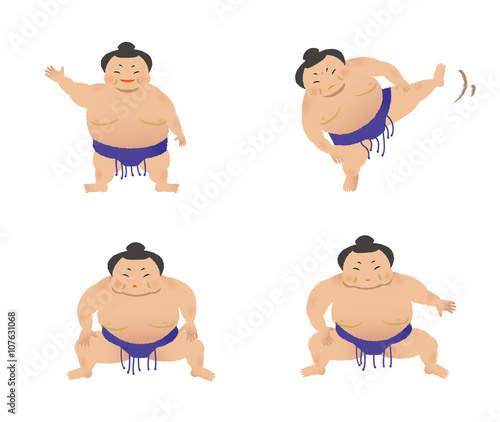 japanese Sumo wrestler stamp on the ring. cartoon character set.