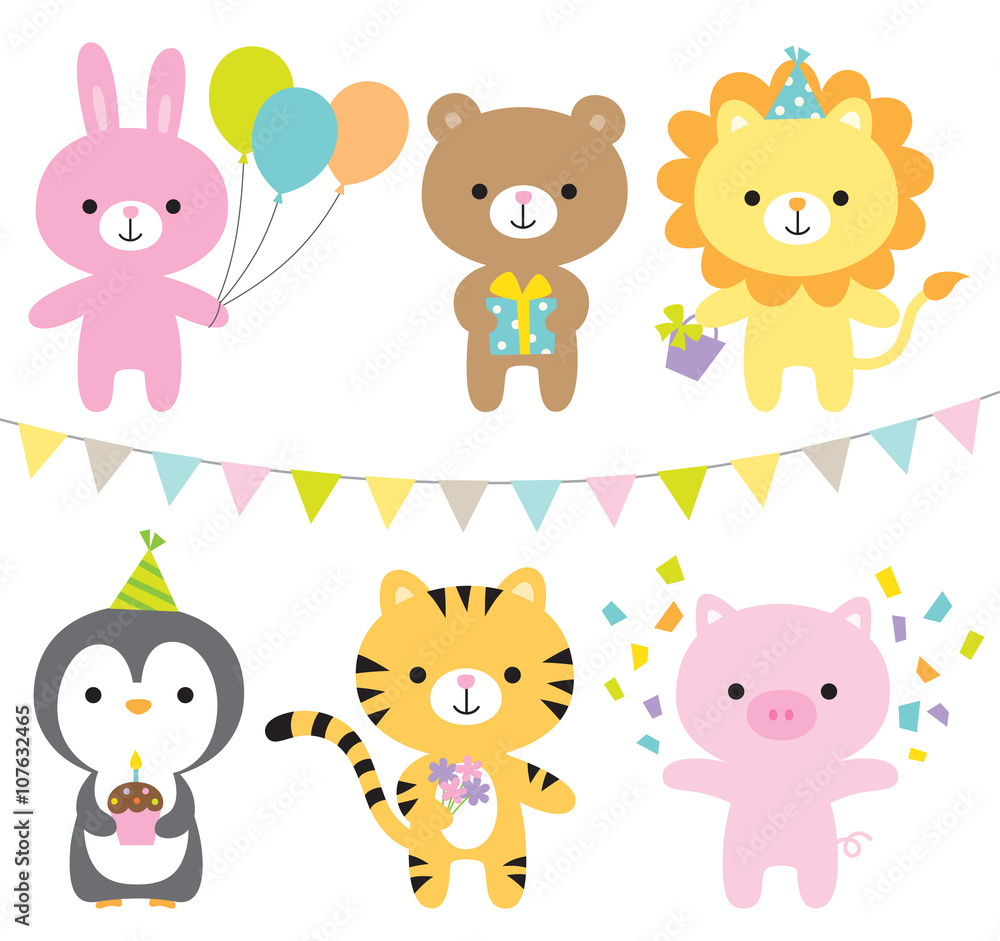 Vector illustration of animals including rabbit, bear, lion, penguin, tiger, and pig at party.