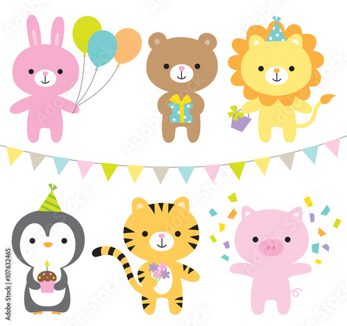 Vector illustration of animals including rabbit  bear  lion  penguin  tiger  and pig at party.