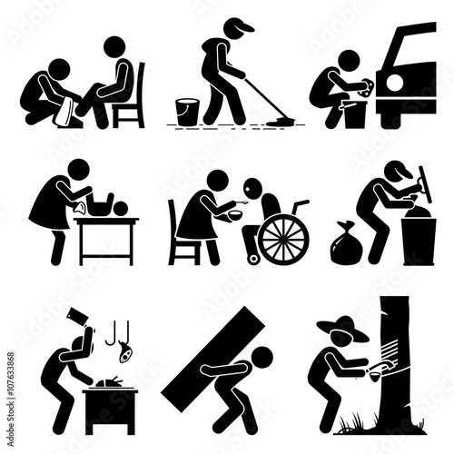 Odd Jobs - Shoe Shine, Janitor, Car Wash, Babysitter, Elderly Care, Garbage Collector, Butcher, Hard Labor, and Rubber Tapper - Stick Figure Pictogram Icons