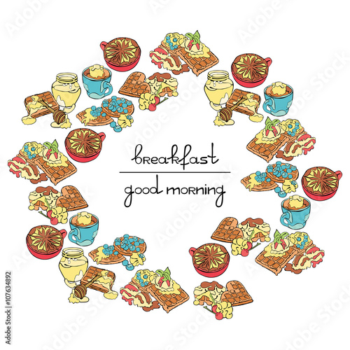 Good morning. Breakfast. Coffee cup and wafers. Isolated vector object on white background. Frame - wreath.