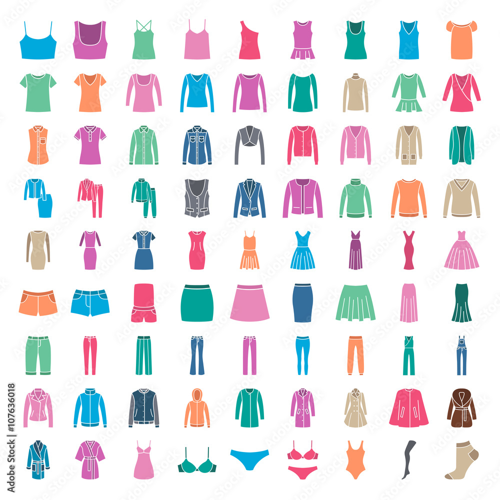 Clothes icons. Icons women fashion clothes. Colored silhouette Clothes icons. Icons women fashion clothes. Colored silhouette