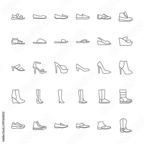 Shoes icons. Icons men and  women fashion shoes. Line icons on white background