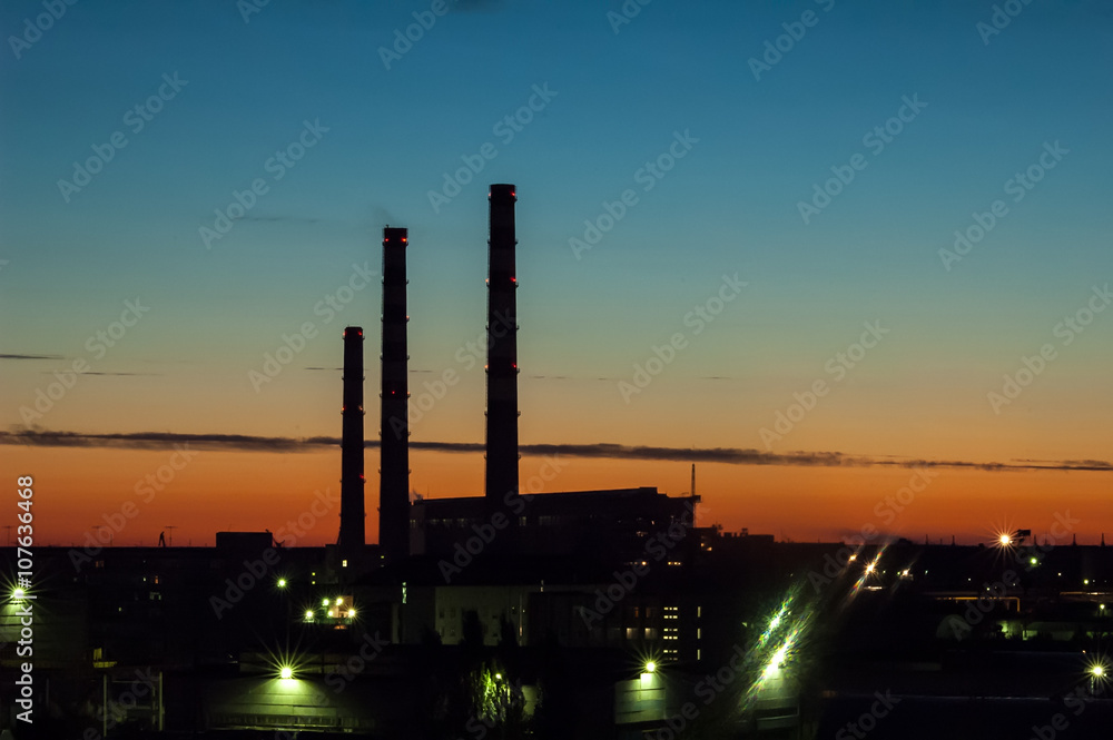 Tyumen, Russia - July 13, 2005: City Energy and Warm Power Factory at evening