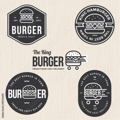 Set of badges, banner, labels and logo for hamburger, burger shop. Simple and minimal design. Vector illustration.