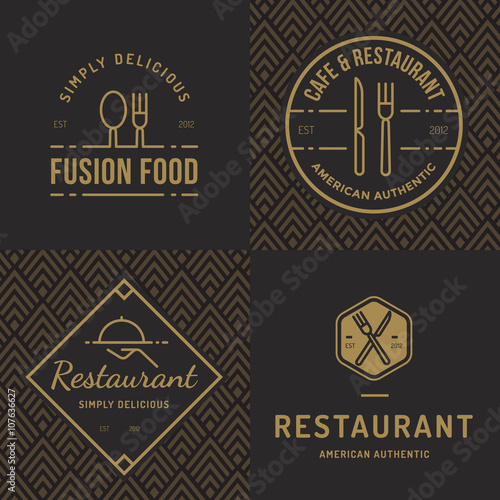 Set of badges, banner, labels and logos for food restaurant, foods shop and catering with seamless pattern. Vector illustration.