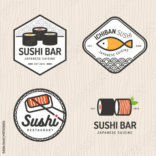 Set of japanese food logo, badges, banners, emblem for asian food restaurant. Vector illustration.