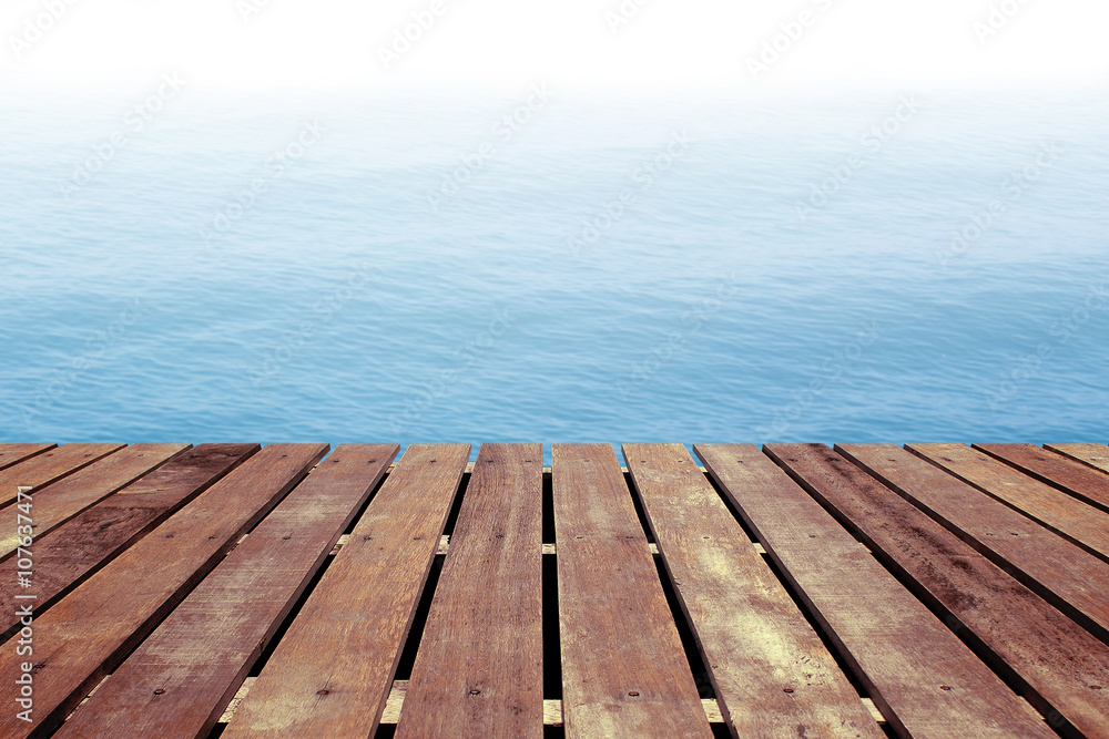 Blue sea background with wooden floor Blue sea background with wooden floor